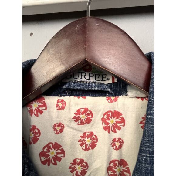 Burpees Denim Jacket Womens Medium Trucker Jean button front floral lined pocket - Picture 5 of 6